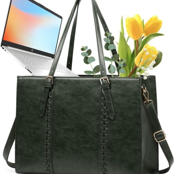 Laptop Bag for Women, 15.6 inch Laptop Tote Bag PU Leather Computer Work Bag Lightweight Shoulder Handbags, Dark Green