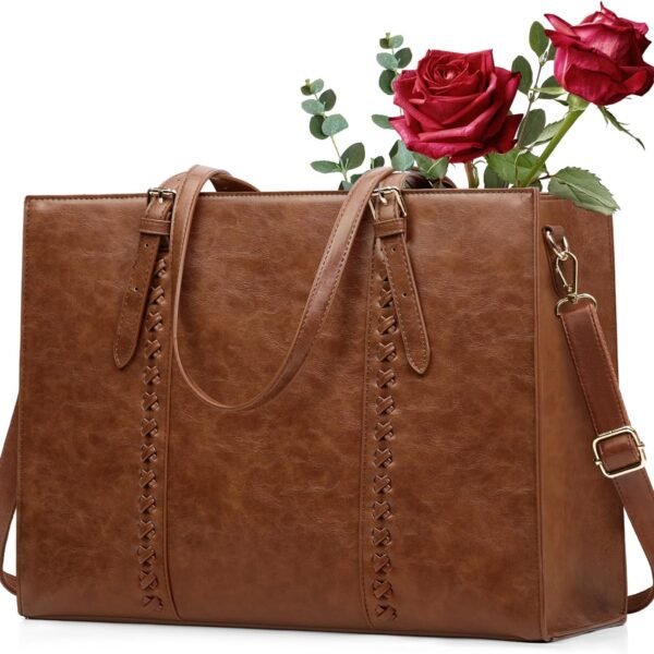 Laptop Bag for Women, 15.6 inch Laptop Tote Bag PU Waterproof Computer Work Bags for Women Professional Business Office Briefcase Lightweight Shoulder Handbags, Brown