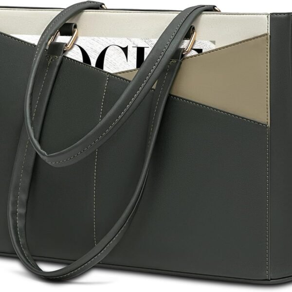 Laptop Bag for Women, 15.6 inch Laptop Tote Work Teacher Bags  Computer Shoulder Bag,Dark Green/Olive green/Off white