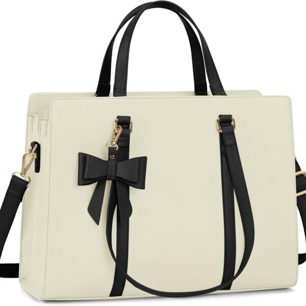 Laptop Bag for Women 15.6 inch Laptop Tote Bag Waterproof Leather Computer Bag Large Lightweight Briefcase Professional Business Office Work Bag, Beige with Black