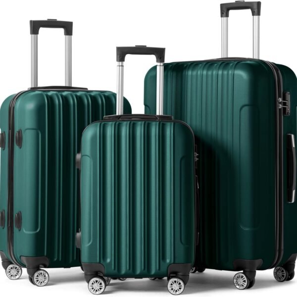 Luggage Set of 3 Hardside Carry on Suitcase Sets with Spinner Wheels &  lock, Portable Lightweight ABS Luggages for Travel, BusinessDark Green (20/24/28)