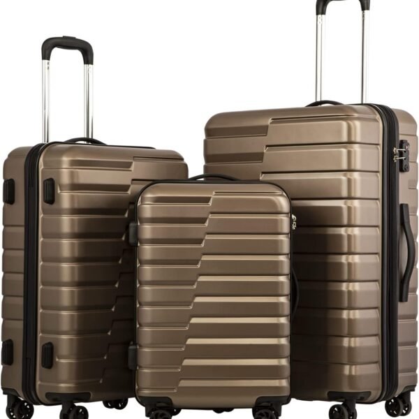 Luggage Expandable Suitcase set PC ABS  Lock Spinner Carry on 3 Piece Sets (brown)