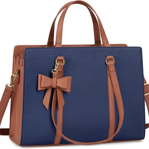Laptop Bag for Women 15.6 inch Laptop Tote Bag Waterproof Leather Computer Bag Large Lightweight Briefcase Professional Business Office Work Bag, Blue Brown