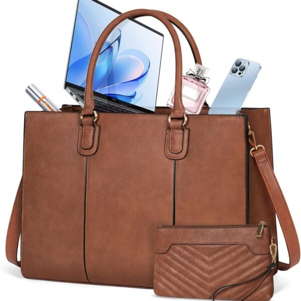 Laptop Bag for Women 15.6 Inch Work Tote Bags Leather Computer Bag with Clutch Purse Professional Office Briefcase Waterproof Handbag Shoulder Bag for Business Travel College, Brown