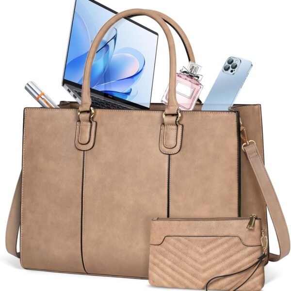 Laptop Bag for Women 15.6 Inch Work Tote Bags Leather Computer Bag with Clutch Purse Professional Office Briefcase Waterproof Handbag Shoulder Bag for Business Travel College, Khaki