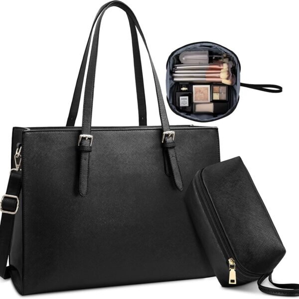 Laptop Bag for Women Waterproof Lightweight Leather 15.6 Inch Computer Tote Bag Business Office Briefcase Large Capacity Handbag Shoulder Bag Professional Office Work Bag Purse 2pcs Set, Black